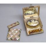 CHILD'S SILVER MOTHER-OF-PEARL HAIRBRUSH PAINTED WITH LAKE SCENE AND A SILVER MOUNTED COMB, CASED