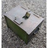 MILITARY CAST IRON STRONGBOX WITH A DOOR WITH A SMALL HINGED LOCK DISCLOSING THE MAIN LOCK, AND