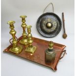 CHINESE BRONZED BRASS GONG WITH STAR DECORATION, WITH STRIKER (DIA: 24.5cm), CHINESE HEXAGONAL BRASS