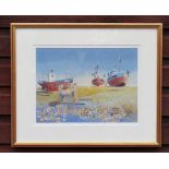 HEATHER HILDER FISHING BOATS ASHORE, SIGNED, WATERCOLOUR (17.5cm x 37.5cm) AND AFTER ROWLAND HILDER,