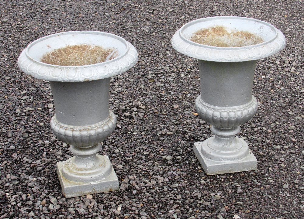 PAIR OF SILVER PAINTED CAST IRON CAMPANA SHAPED URNS (46cm x 36cm) [2]