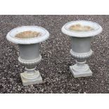 PAIR OF SILVER PAINTED CAST IRON CAMPANA SHAPED URNS (46cm x 36cm) [2]