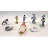 PAIR OF CONTINENTAL PORCELAIN MINIATURE FIGURES OF BALL GAME PLAYERS IN EDWARDIAN DRESS, GOEBEL BIRD