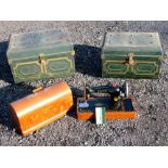 TWO VICTORIAN METAL TRAVELLING TRUNKS, EACH WITH PAINTED PANELLED DECORATION (THE LARGEST 44cm x