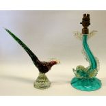 MURANO GLASS DOLPHIN TABLELAMP (H: 31cm) AND A MODEL OF A PHEASANT (H: 26cm) [2]