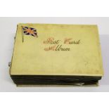 1920'S POSTCARD ALBUM CONTAINING TWO WORLD WAR I SILK CARDS, TRANSPORT, HUMOROUS, TOPOGRAPHICAL