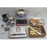 SILVER PLATED GADROONED RECTANGULAR ENTRÉE DISH AND COVER WITH DETACHABLE HANDLE, CAKE BASKET,