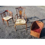 LATE VICTORIAN INLAID MAHOGANY OPEN ARMCHAIR WITH A CARVED AND PIERCED FLORAL BACK, UPHOLSTERED