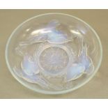 FRENCH EZAN CIRCULAR OPALESCENT GLASS BOWL WITH THREE PAIRS OF NESTING FINCHES (DIA: 25cm)