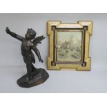 'BRONZE FINISHED' SPELTER FIGURE OF A CHERUB (H: 34.5cm) TOGETHER WITH A FRAMED TRYPTICH MIRROR