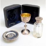 VICTORIAN SILVER TRAVELLING COMMUNION SET COMPRISING CHALLICE, PATEN AND WINE BOTTLE, ENGRAVED