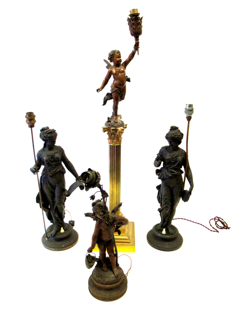 EDWARDIAN BRASS CORINTHIAN COLUMN TABLELAMP SURMOUNTED BY A CHERUB (H: 82cm) AND THREE SPELTER