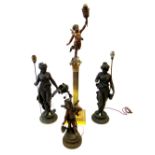 EDWARDIAN BRASS CORINTHIAN COLUMN TABLELAMP SURMOUNTED BY A CHERUB (H: 82cm) AND THREE SPELTER