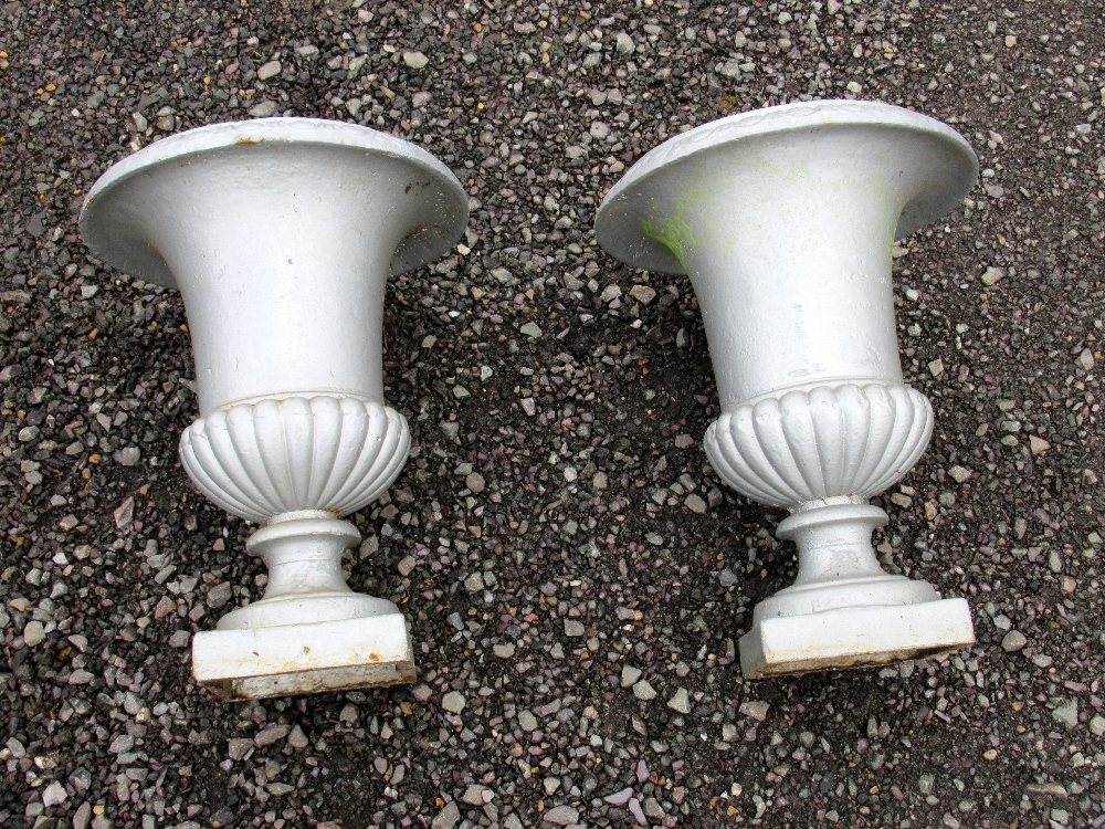 PAIR OF SILVER PAINTED CAST IRON CAMPANA SHAPED URNS (46cm x 36cm) [2] - Image 4 of 5