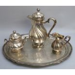 GERMAN 800 STANDARD SILVER COFFEE SET COMPRISING COFFEE POT (H: 29cm), COVERED SUGAR BASIN, CREAM