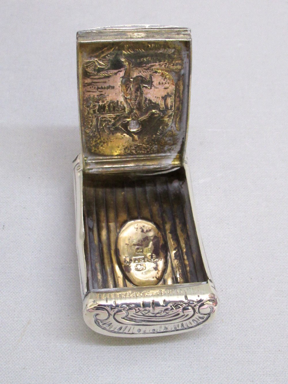 GEORGE III SILVER SNUFF BOX OF RECTANGULAR CURVED FORM WITH A HINGED PANEL/LID DEPICTING A YOUNG MAN - Image 2 of 7