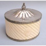 GOOD LATE VICTORIAN PLATE MOUNTED IVORY OVAL BISCUIT BOX WITH SLANTING REEDED AND FLUTED
