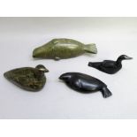 CANADIAN INUIT CARVINGS - GREEN STEATITE MODEL OF A SEAL BY LYTA NOWDLAK, No. 79, WITH SCRATCHMARKS