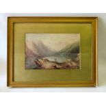 BOSANQUET, LAKE WITH FIGURE FISHING AND MOUNTAIN BEYOND, SIGNED, WATERCOLOUR (24cm x 36cm)