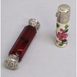 VICTORIAN DOUBLE ENDED DECAGONAL RUBY GLASS SCENT BOTTLE (L: 10.3cm) AND A FLORAL GLASS SCENT BOTTLE