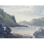 K MACAULAY, MOUNTAINOUS LAKE SCENES, SIGNED, WATERCOLOURS (32.5cm x 63.5cm A PAIR)