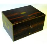 VICTORIAN COROMANDEL TRAVELLING TOILET BOX WITH INSET BRASS HANDLES AND MOUNTS, THE HINGED COVER