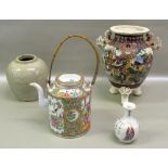 CHINESE CANTONESE FAMILLE ROSE TEAPOT (H: 17.5cm), A SMALL BALUSTER VASE AND TWO OTHER ITEMS [4]