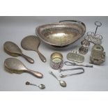 SILVER THREE PIECE TOILET SET BY NATHAN & HAYES, LONDON 1918, PLATED OVAL CAKE BASKET, UNUSUAL