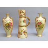 PAIR OF EDWARDIAN ROYAL WORCESTER BLUSH IVORY BALUSTER VASES PAINTED WITH FLORAL DECORATION, WITH