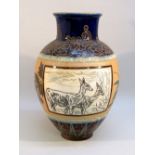 DOULTON LAMBETH BALUSTER VASE DECORATED BY HANNAH BARLOW WITH ONE PANEL INCISED WITH A SCENE OF