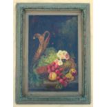 19th CENTURY ENGLISH SCHOOL, STILL LIFE OF FRUIT, FLOWERS AND A EWER ON A SHELF, OIL, SIGNED (73cm x