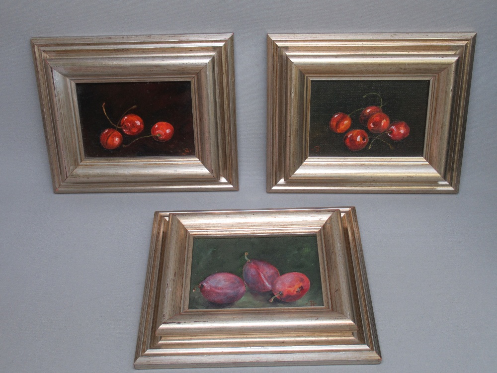 HAZEL F BROMILEY, CHERRIES (2) AND PLUMS, SIGNED WITH A MONOGRAM, OIL ON CANVAS (9cm x 13.5cm) [3]