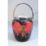 CIRCA 1920's WILLIAM MOORCROFT POMEGRANATE PATTERN BISCUIT BARREL WITH ELECTROPLATED COVER AND