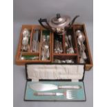 PAIR OF LATE VICTORIAN SILVER PLATED FISH SERVERS, CASED AND A QUANTITY OF OTHER SILVER PLATED FLAT-