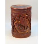 19th CENTURY CHINESE BAMBOO POT WITH COVER, PROFUSELY CARVED WITH A 'JUNK' IN FULL SAIL, FIVE