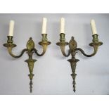 PAIR OF GILT BRASS ADAM STYLE TWO BRANCH WALL LIGHTS WITH CORNUCOPIA ARMS AND SIMULATED CANDLES (