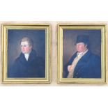 ENGLISH SCHOOL PORTRAITS OF C19th GENTLEMEN, OILS (24cm x 19cm) AND A CARVED GILTWOOD OVAL FRAME