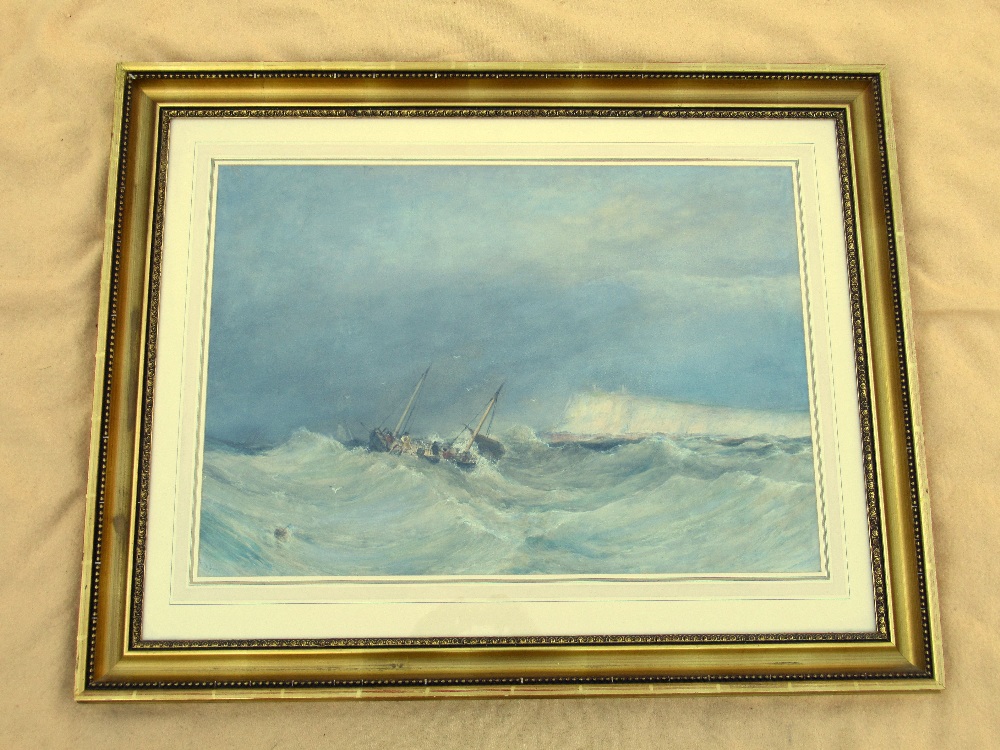 E. TUCKER, FISHING BOAT IN A STORMY SEA AND WHITE CLIFFS BEYOND, WATERCOLOUR, SIGNED (52.5cm x