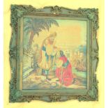 VICTORIAN NEEDLEWORK PICTURE, THE RELIGIOUS SCENE WITH TWO FIGURES IN A LANDSCAPE, IN A MOULDED