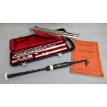 YAMAHA YFL-211S FLUTE, CASED TOGETHER WITH A MUSIC STAND, MUSIC AND A BAGPIPES PRACTICE CHANTER BY