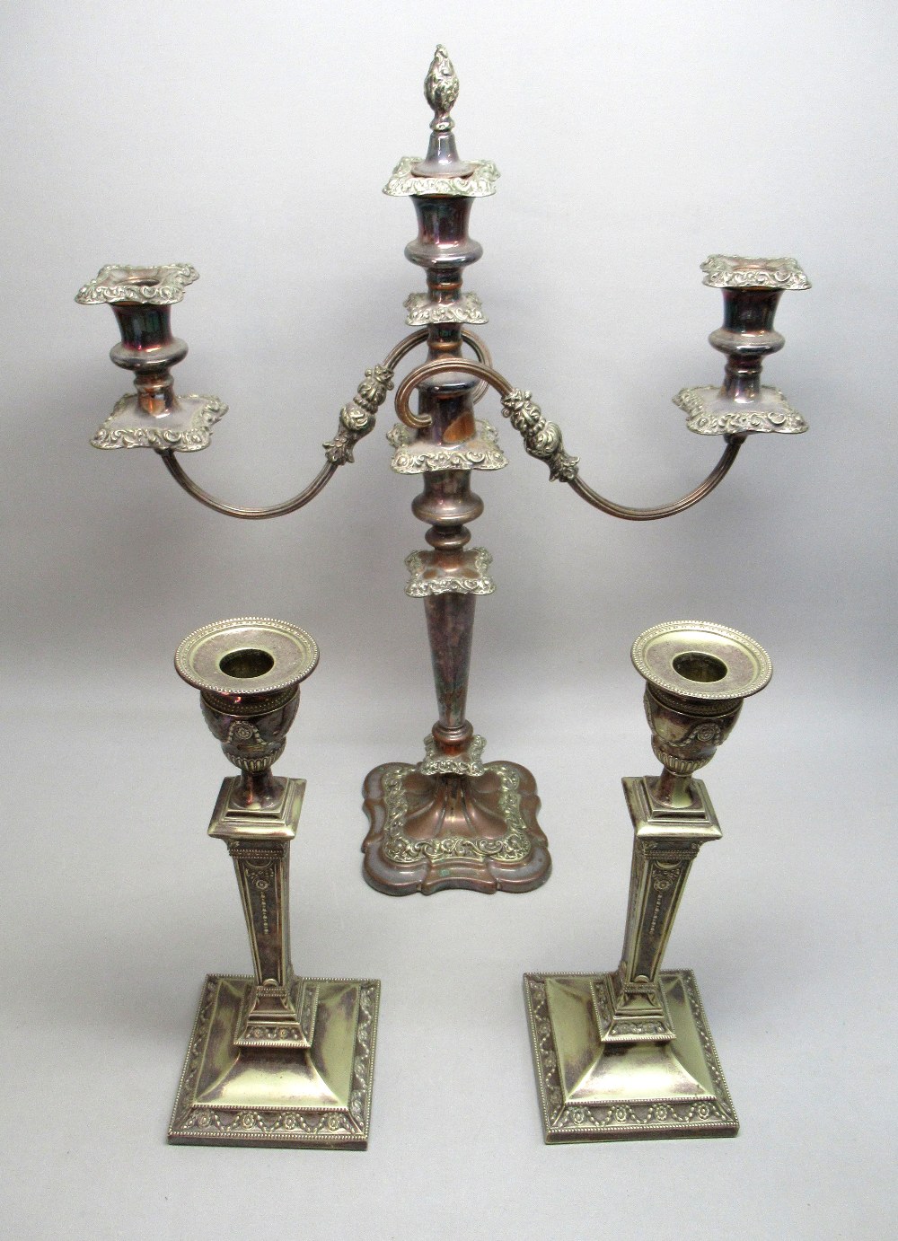 PAIR OF EDWARDIAN SILVER PLATED ADAM STYLE CANDLESTICKS BY HENRY EYRE & Co. (H: 28.5cm), THREE LIGHT - Image 2 of 8