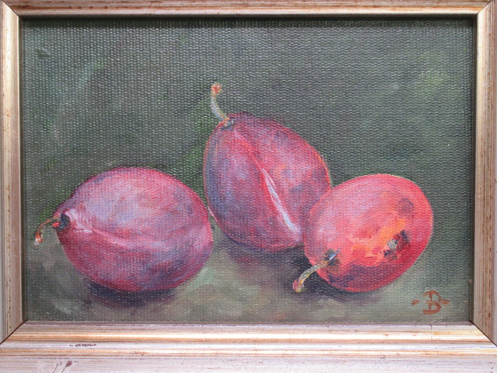 HAZEL F BROMILEY, CHERRIES (2) AND PLUMS, SIGNED WITH A MONOGRAM, OIL ON CANVAS (9cm x 13.5cm) [3] - Bild 4 aus 5