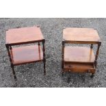 VICTORIAN MAHOGANY TWO TIER RECTANGULAR TABLE WITH A DRAWER, ON BALUSTER LEGS AND CASTORS (63cm x