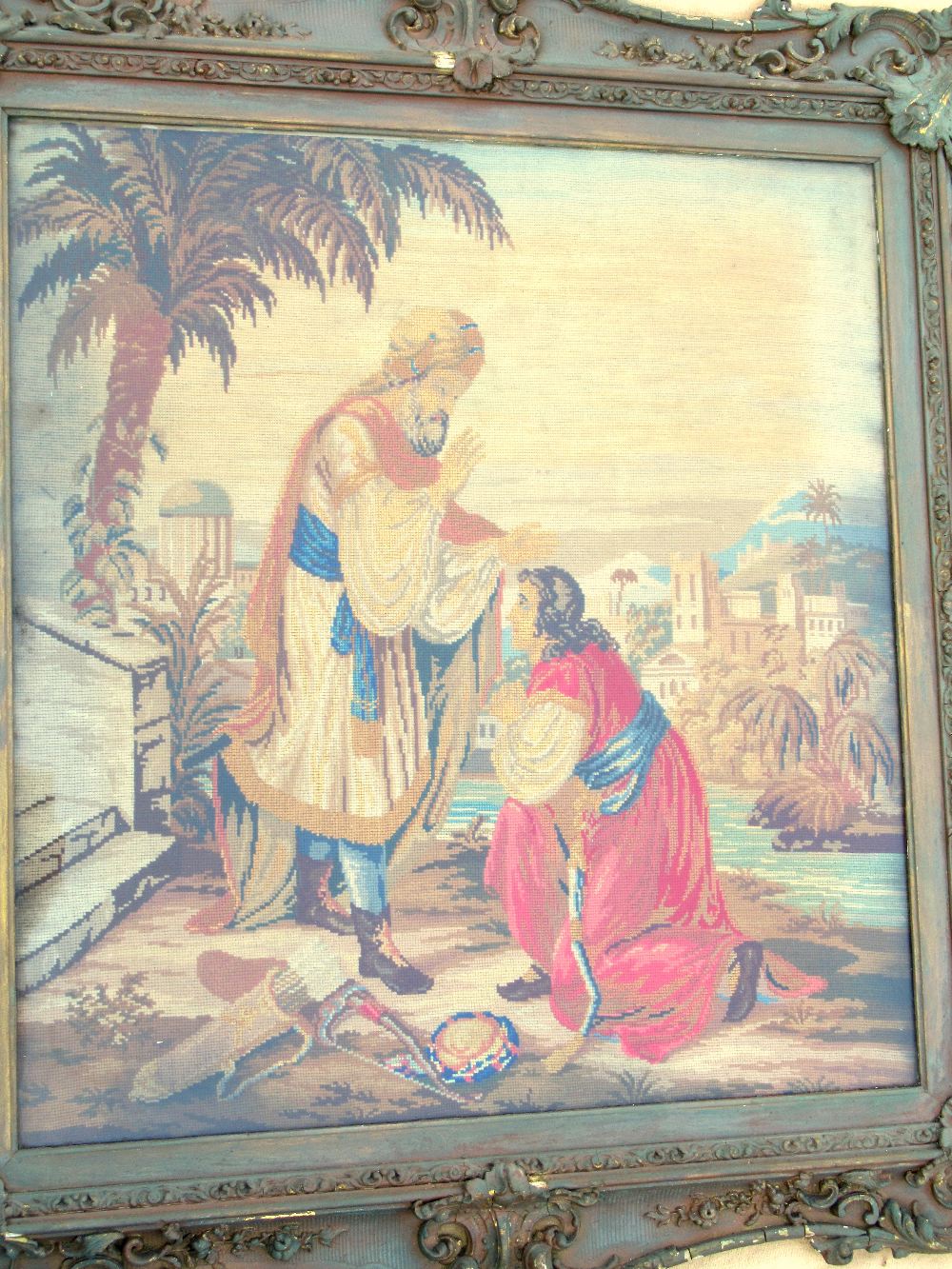 VICTORIAN NEEDLEWORK PICTURE, THE RELIGIOUS SCENE WITH TWO FIGURES IN A LANDSCAPE, IN A MOULDED - Image 2 of 2