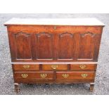 MID 18th CENTURY ELM CHEST WITH FOUR PANELLED FRONT, PANELLED SIDES, HINGED TOP, THREE SMALL AND TWO