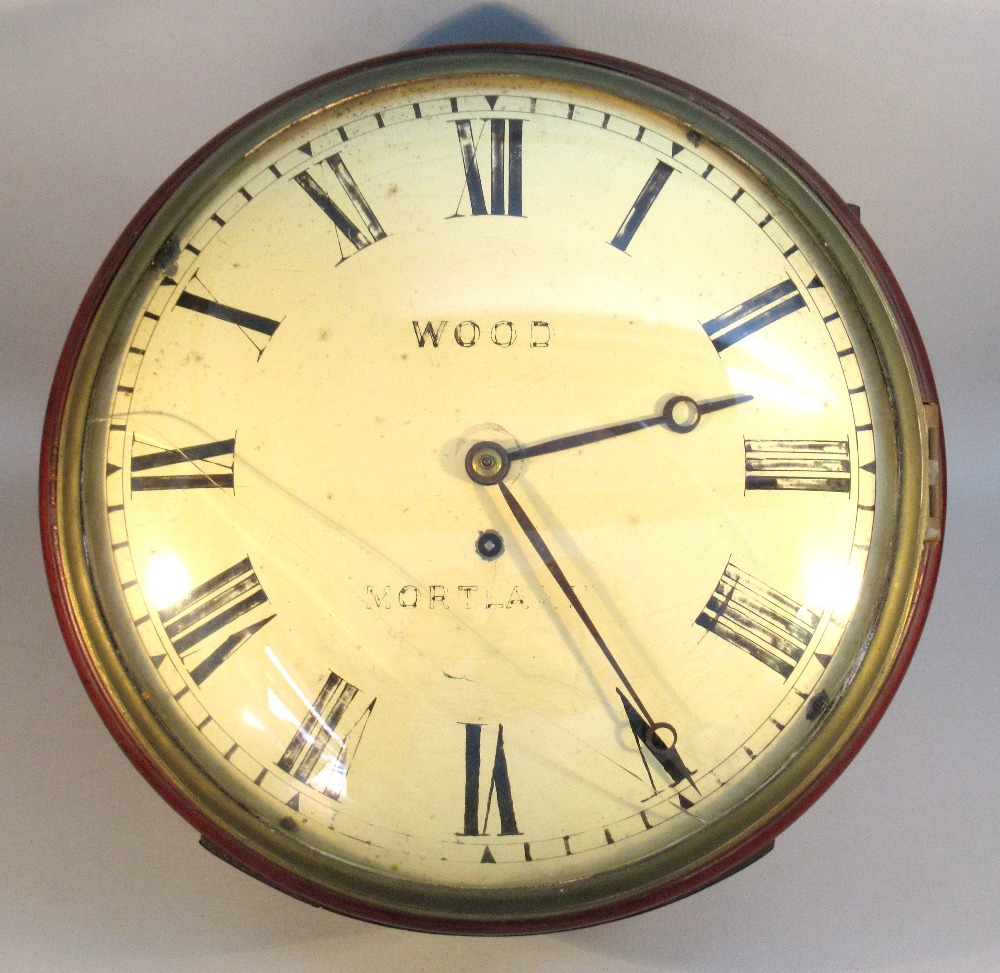 LATE VICTORIAN MAHOGANY FINISH CIRCULAR CASED WALL TIMEPIECE WITH BRASS SINGLE FUSEE MOVEMENT,