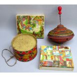1950's HAPPYNAK TOY TIN DRUM WITH PRINTED CARD TUBE DEPICTING PORTRAITS OF MICKEY AND MINNIE