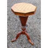 VICTORIAN INLAID WALNUT OCTAGONAL AND 'TRUMPET' WORK/GAMES TABLE WITH AN INLAID CHECKER BOARD TOP,