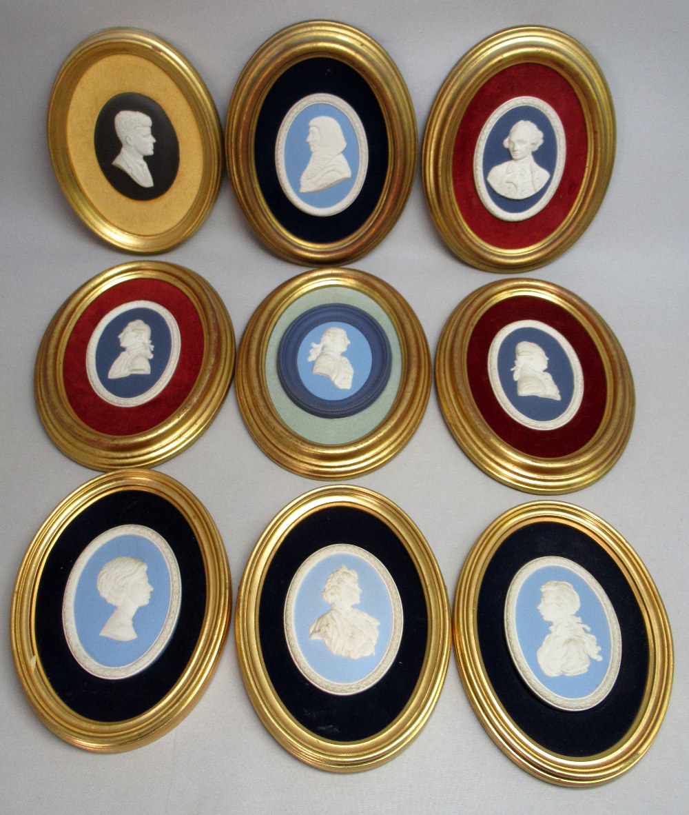 COLLECTION OF 22 WEDGWOOD JASPERWARE OVAL PLAQUES INCLUDING LORD DENNING (11cm x 8.3cm), IN GILT