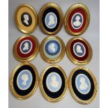 COLLECTION OF 22 WEDGWOOD JASPERWARE OVAL PLAQUES INCLUDING LORD DENNING (11cm x 8.3cm), IN GILT